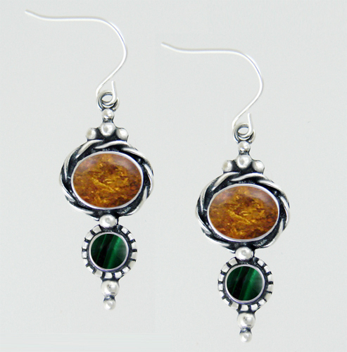 Sterling Silver Drop Dangle Earrings With Amber And Malachite